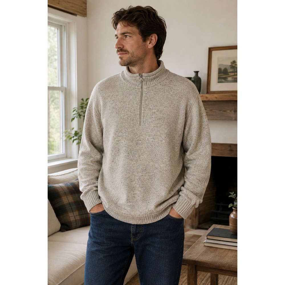 Woolrich Mens XL Oatmeal Heather Lambs Wool Blend‎ Quarter Zip Pullover Sweater
